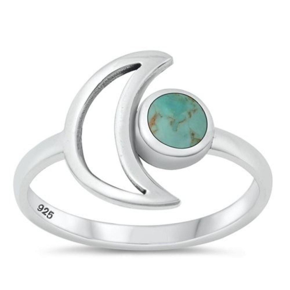 Sterling Silver 925 Thai Crescent Moon Round Turquoise Celestial Ring Size 6 NEW